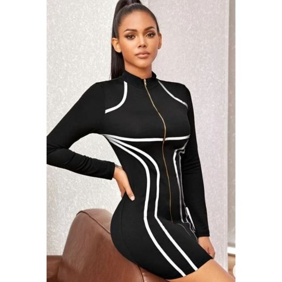 SHEIN Womens Bodycon Dress Zip Front Contrast Reflective Tape Black Size Medium - Picture 2 of 12